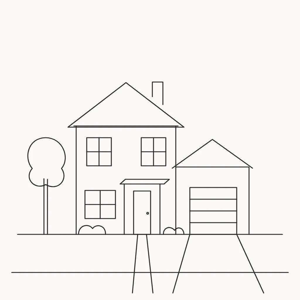 A pencil-style line drawing of a two-storey house with a gable roof, a chimney, four windows, a porch, an attached garage, a tree, a path and a driveway
