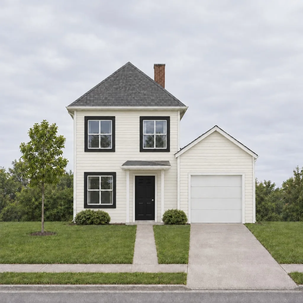 The house with warm white siding, black window trim, a black front door and a warm white garage door