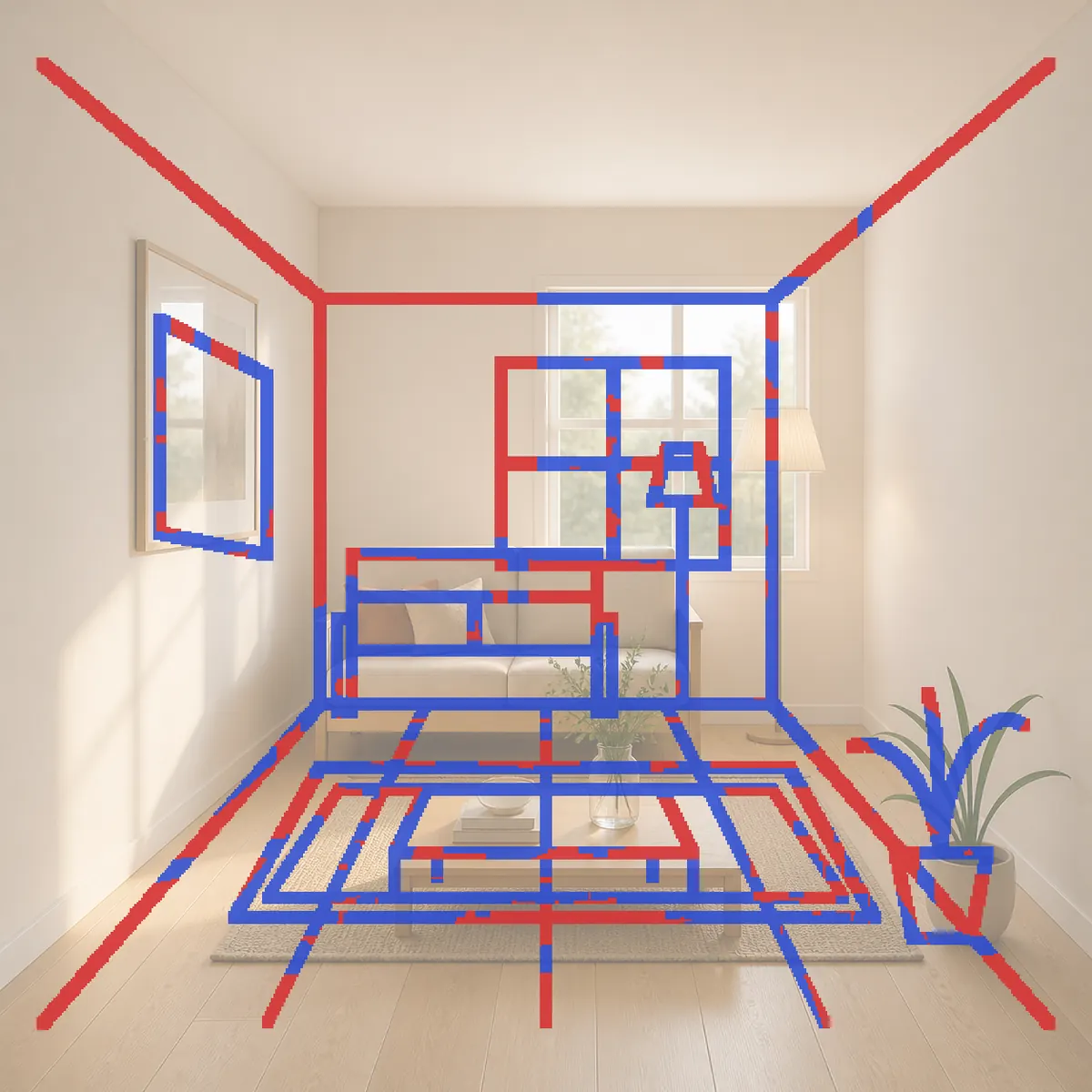 Line check on the Scandinavian living room render: ceiling-corner diagonals, floor guide lines and the nested rug rectangles in red, the window, sofa and lamp lines mostly blue