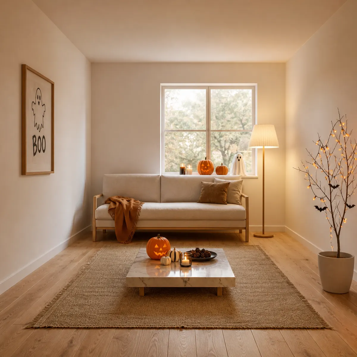 The same living room rendered again with Halloween decoration: carved pumpkins, a ghost print on the wall, a branch with lights, and the same sofa, window and rug layout