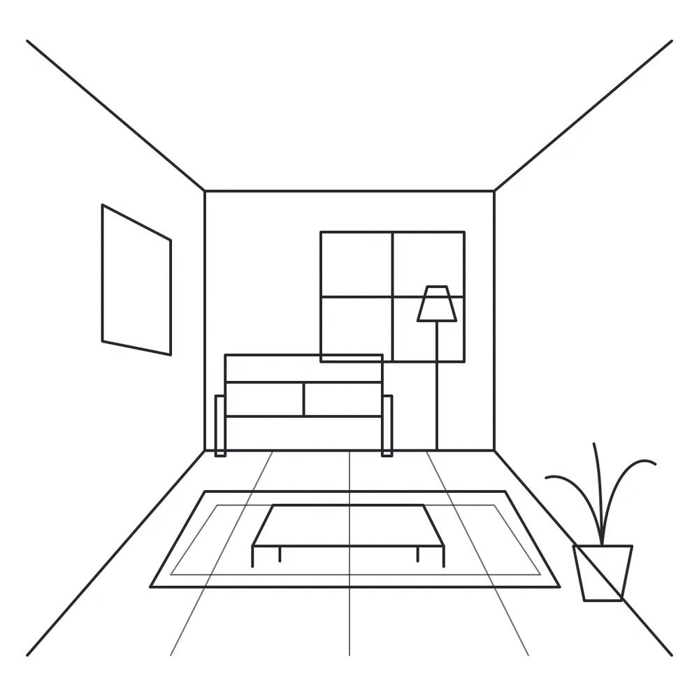 One-point perspective line sketch of a living room with a window on the back wall, a sofa, a floor lamp, a coffee table on a rug, a framed picture on the left wall and a plant in a pot