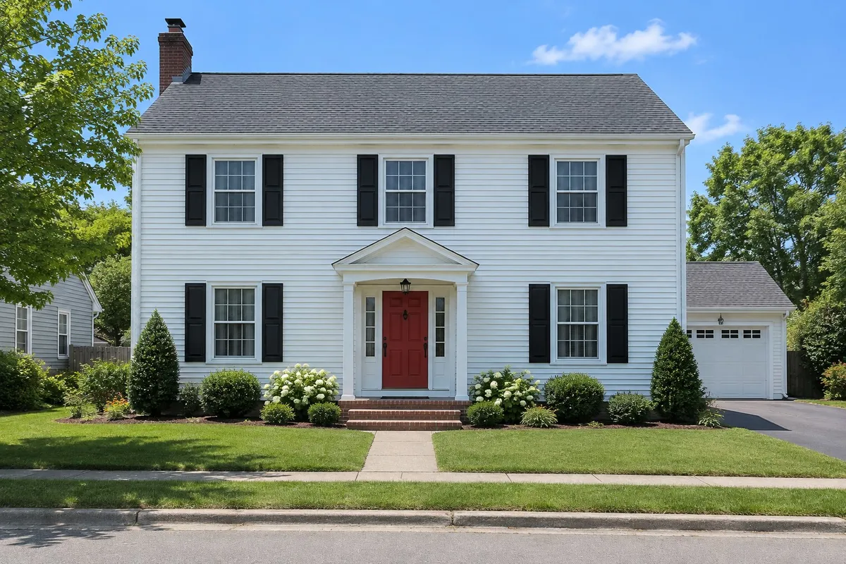 A two-story colonial house with white clapboard siding, black shutters, a red front door under a white portico, a brick chimney and steps, and a single white garage door, on a sunny day