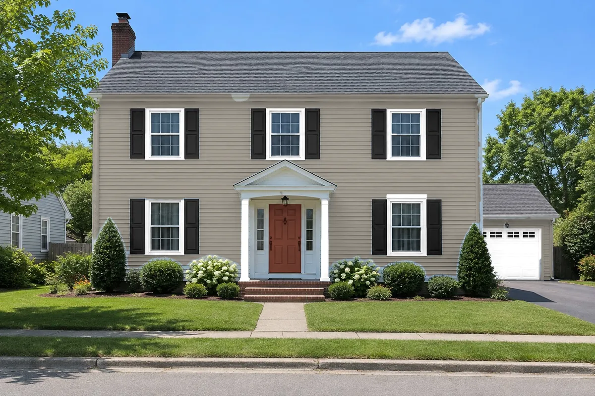 The colonial repainted with warm gray siding, white trim, charcoal shutters and a deep brown front door