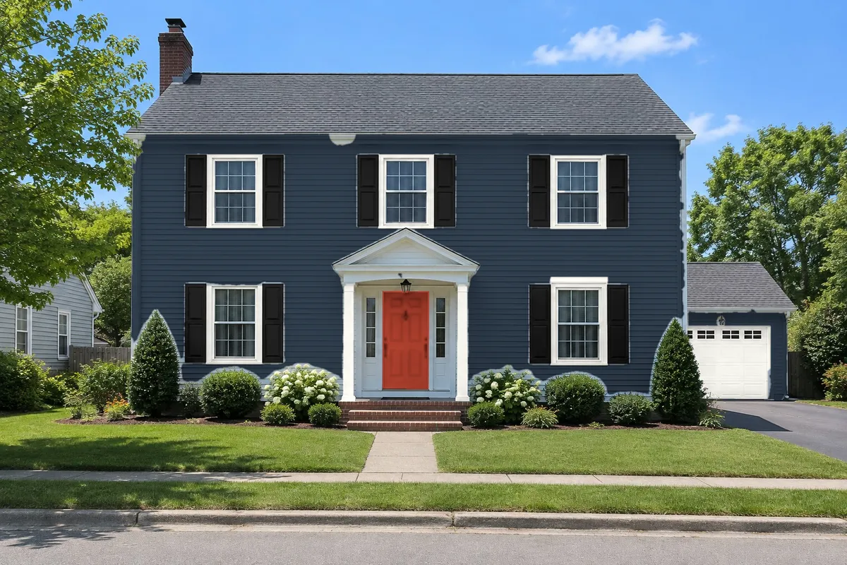 The colonial repainted with navy siding, off-white trim and garage door, near-black shutters and a brick-red front door