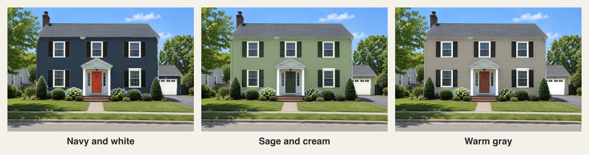Three versions of the colonial side by side, in navy and white, sage and cream, and warm gray, each labeled with its name
