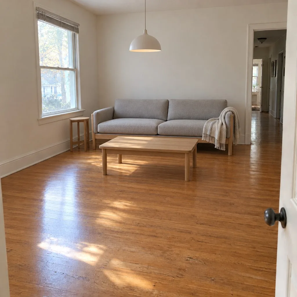 The emptied room staged with a grey sofa, a light oak coffee table, a side table, a throw and a white pendant light