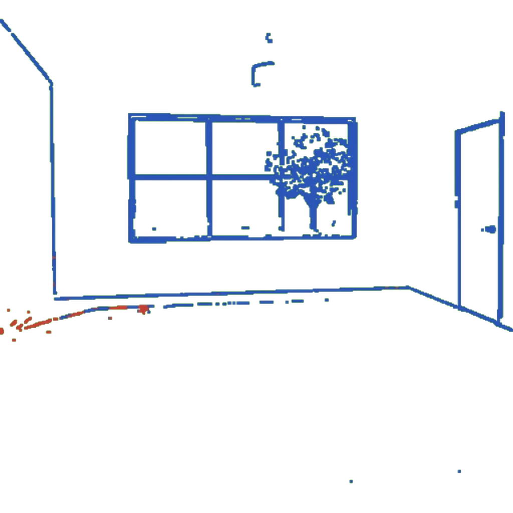 The room's original lines drawn over the staged render, almost all blue