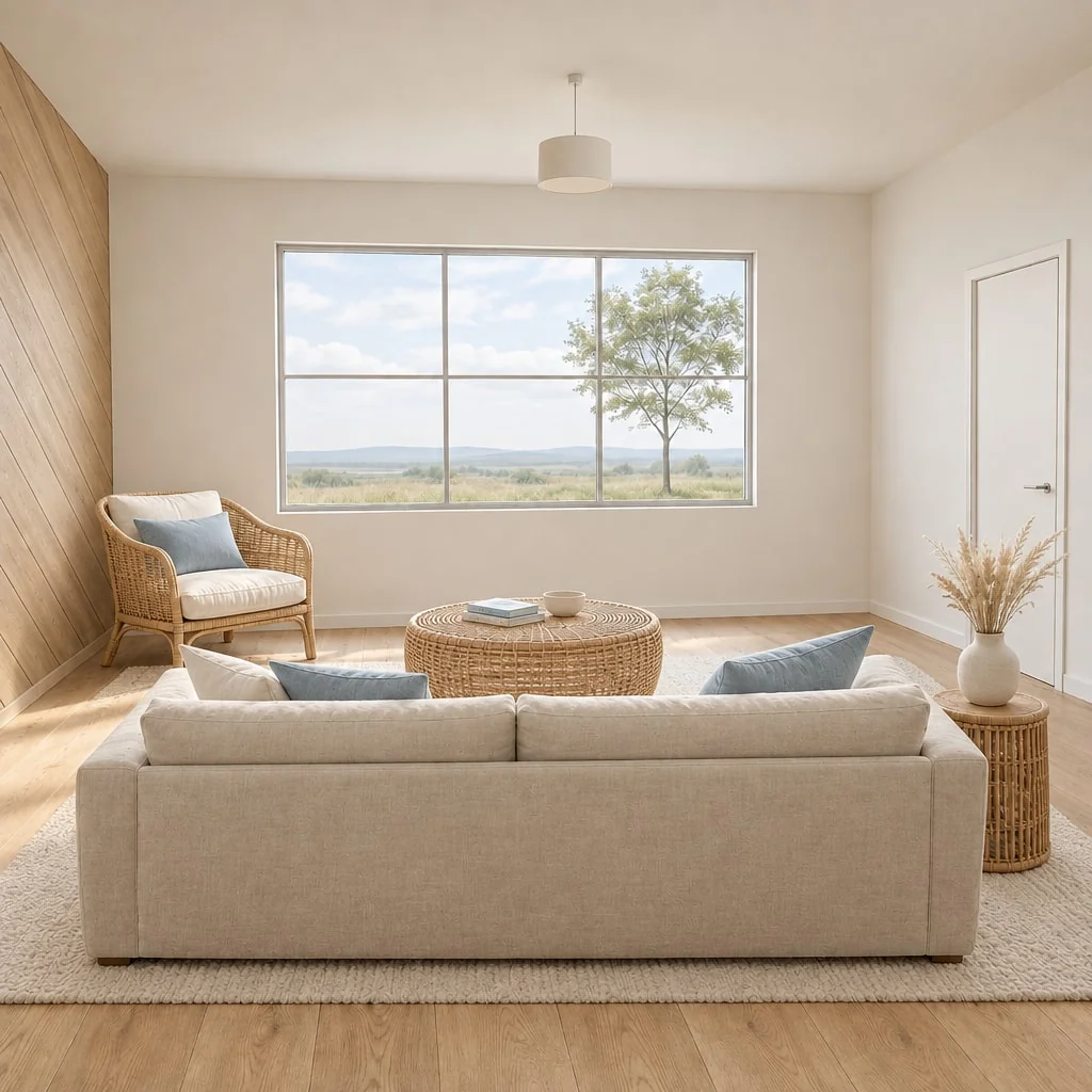 The empty room staged in a coastal style in white, sand and soft blue