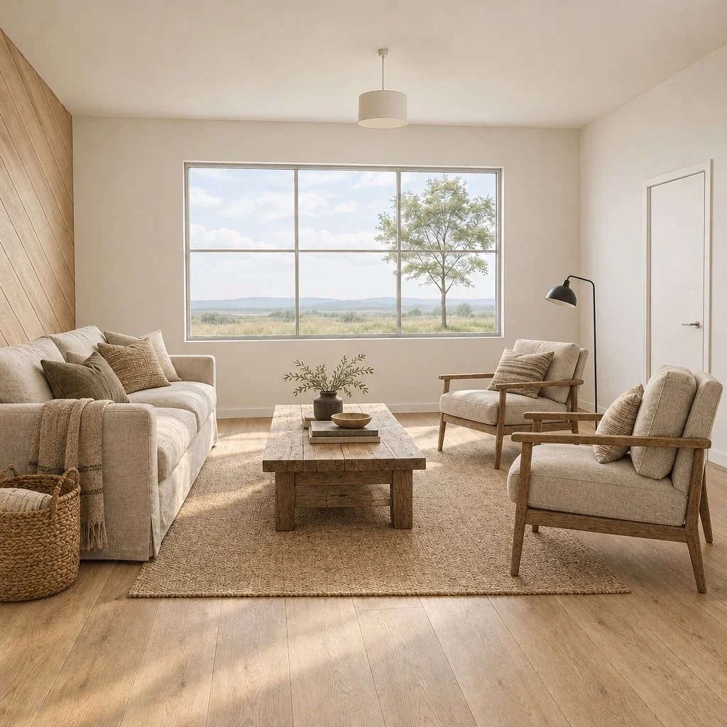 The empty room staged in a farmhouse style with rustic wood and linen