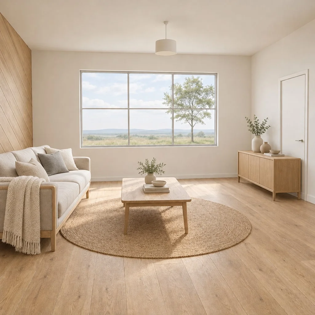 The empty room staged in a Scandinavian style with light wood and soft grey textiles